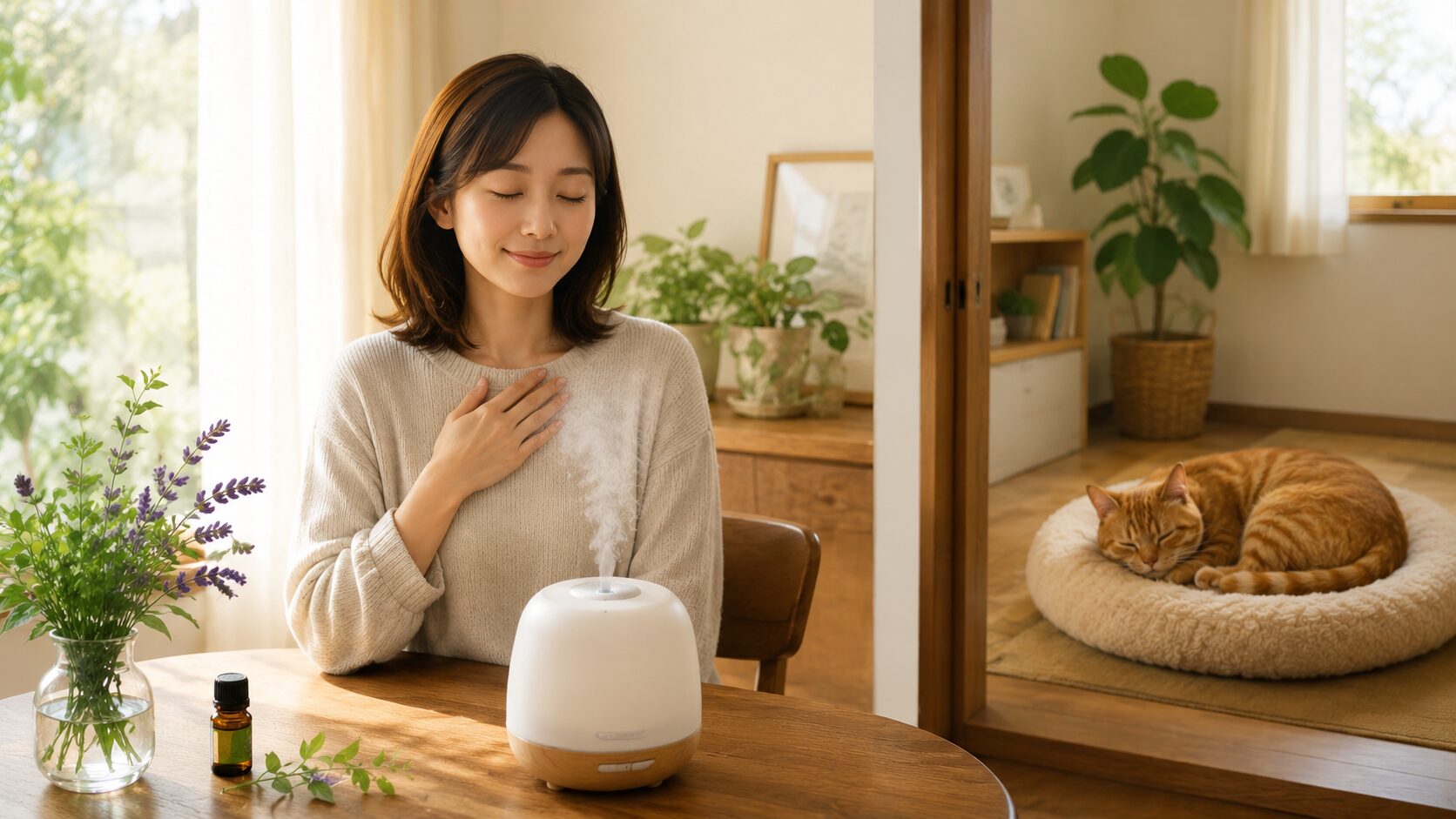 アロマを楽しむ女性と、別の部屋で安全に眠る猫のイラスト