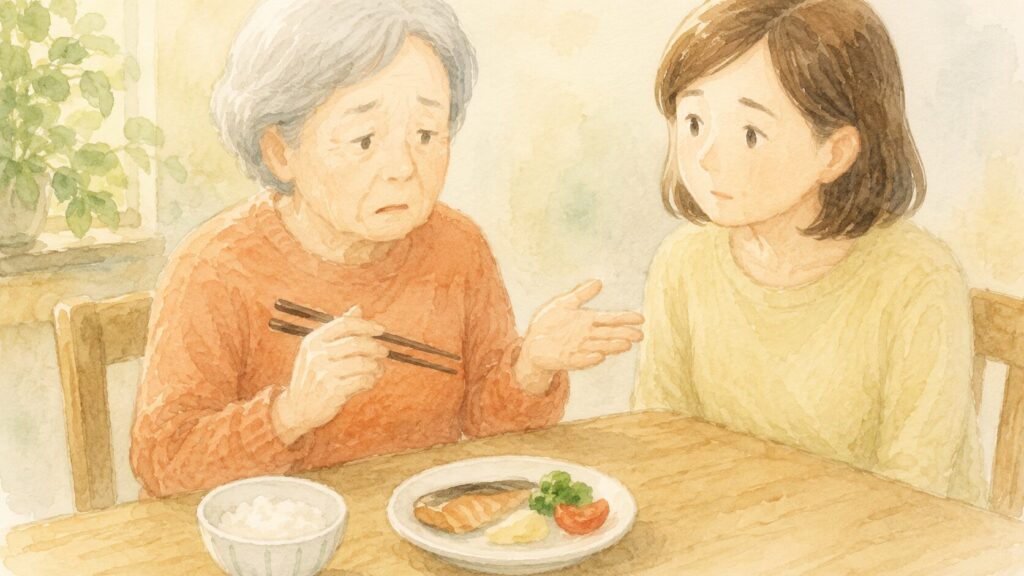 箸がつかえない困った表情の母親