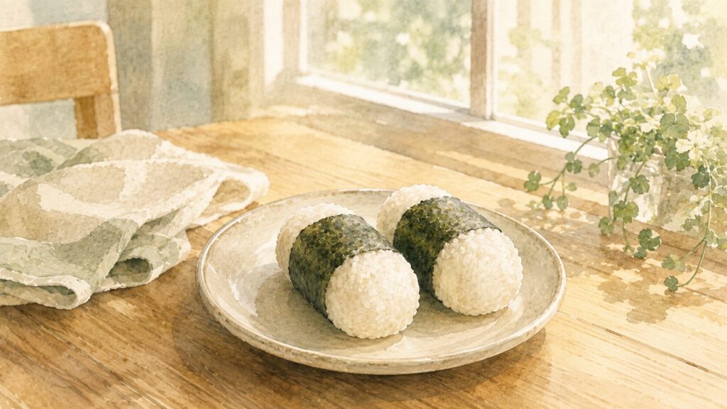 手で持って食べられる俵型のおにぎり2つ（認知症の食事の工夫）