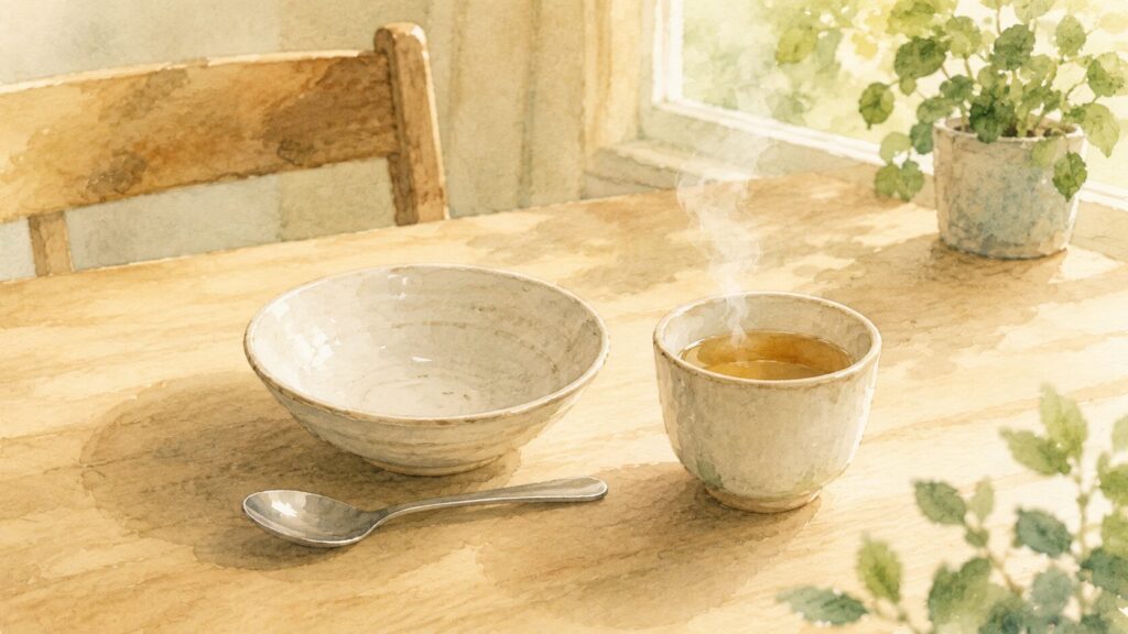  食事を終えた食卓に残る空の器とあたたかいお茶（認知症の食事の工夫）