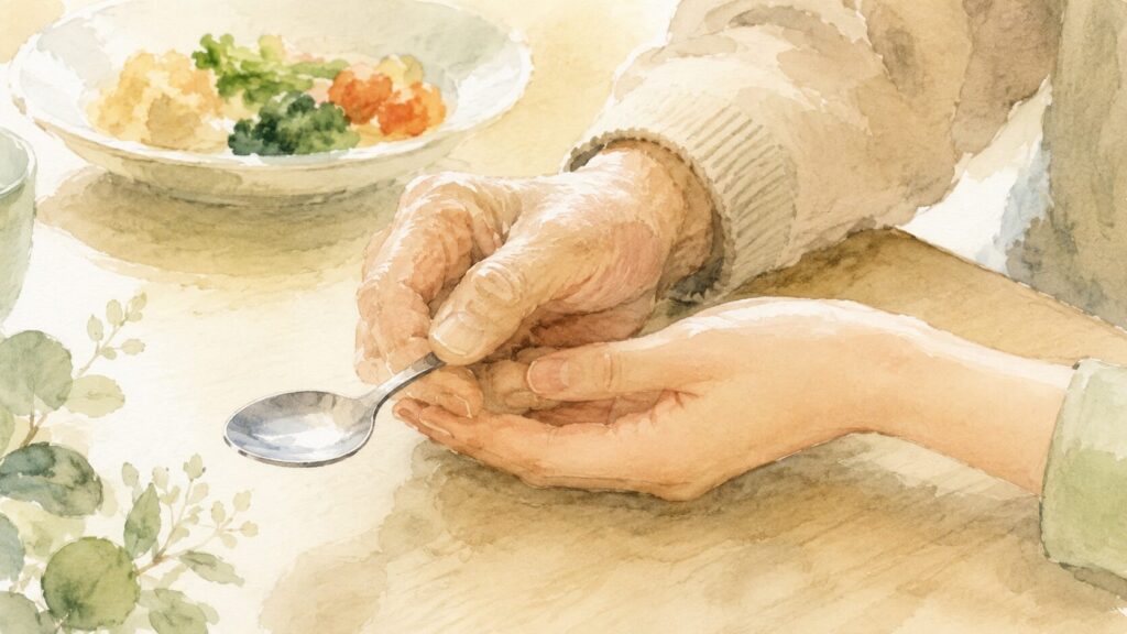  スプーンを持つ手にそっと手を添える介助の場面（認知症の食事の工夫）