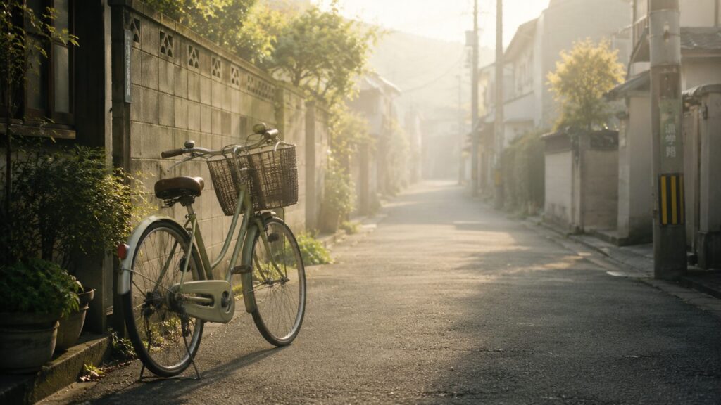 朝の住宅街にとまる自転車