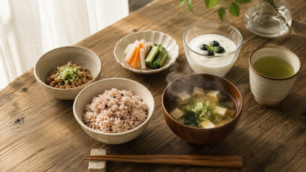湯気の立つ朝ごはんの食卓