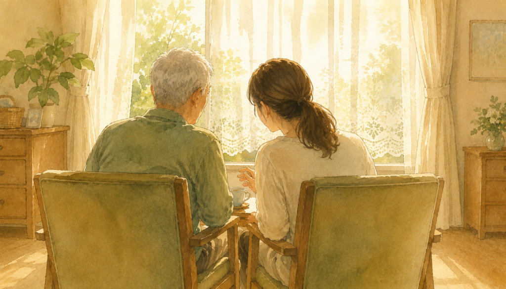 椅子を近づけて父に話しかける娘。補聴器の話が動き出した日