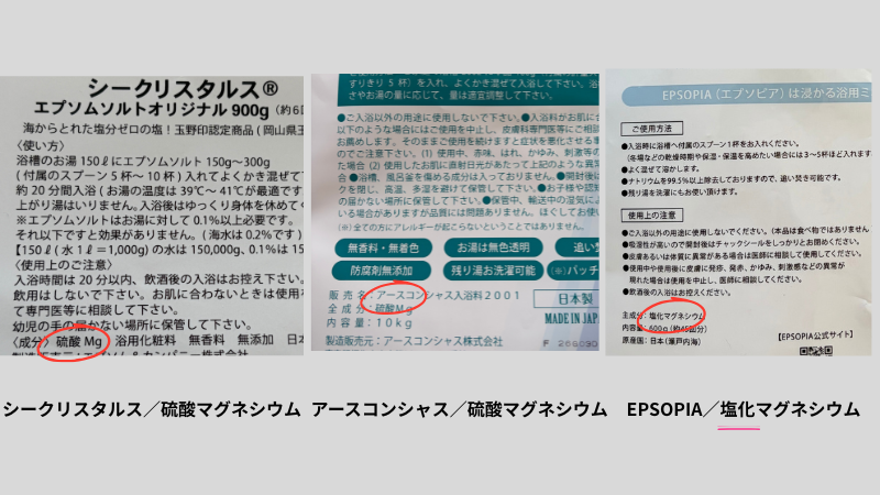 3種類の入浴剤の成分表示を並べて比べたところ
