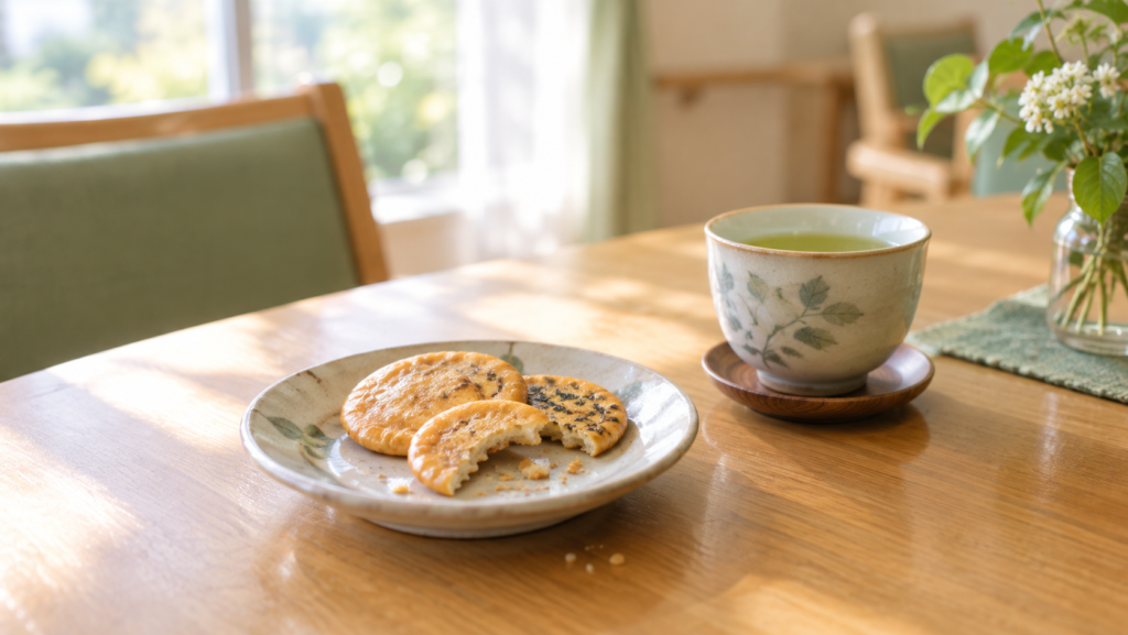 食べかけのおせんべいとお茶。デイサービスのおやつの時間