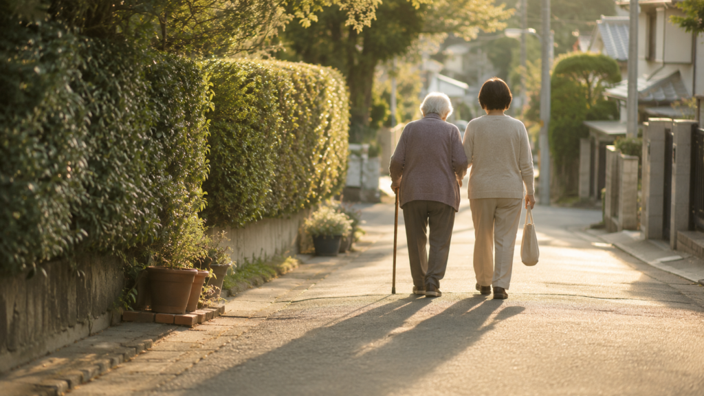 見学の帰り道、並んで歩く親子の後ろ姿と夕方の影