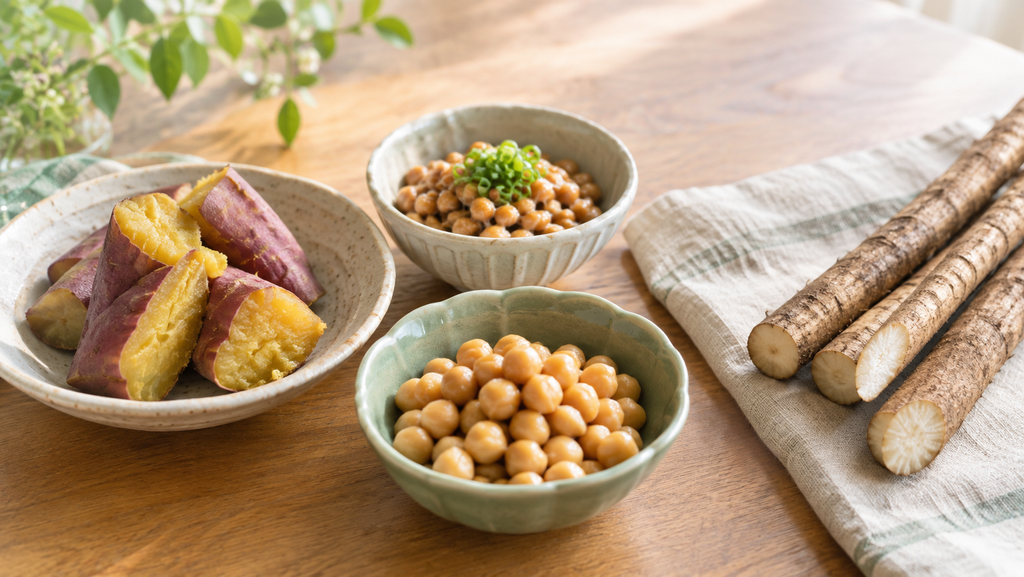 食卓に並んだサツマイモ、納豆、ひよこ豆とごぼう。便秘に合う食べものは人それぞれ